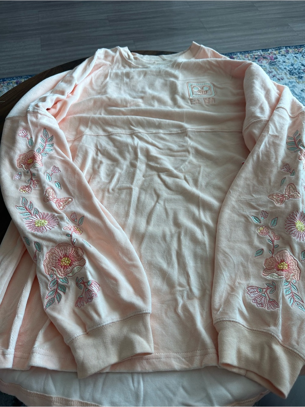 Light Pink Floral Embroidered Sleeve Crewneck